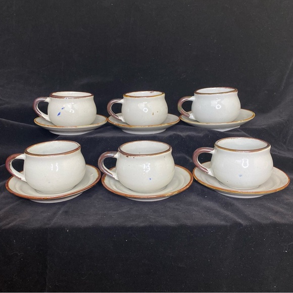 Vintage EUC Set of 6, Rustic Farmhouse Ceramic Gray/Blue Floral Cups and Saucers - Picture 5 of 17